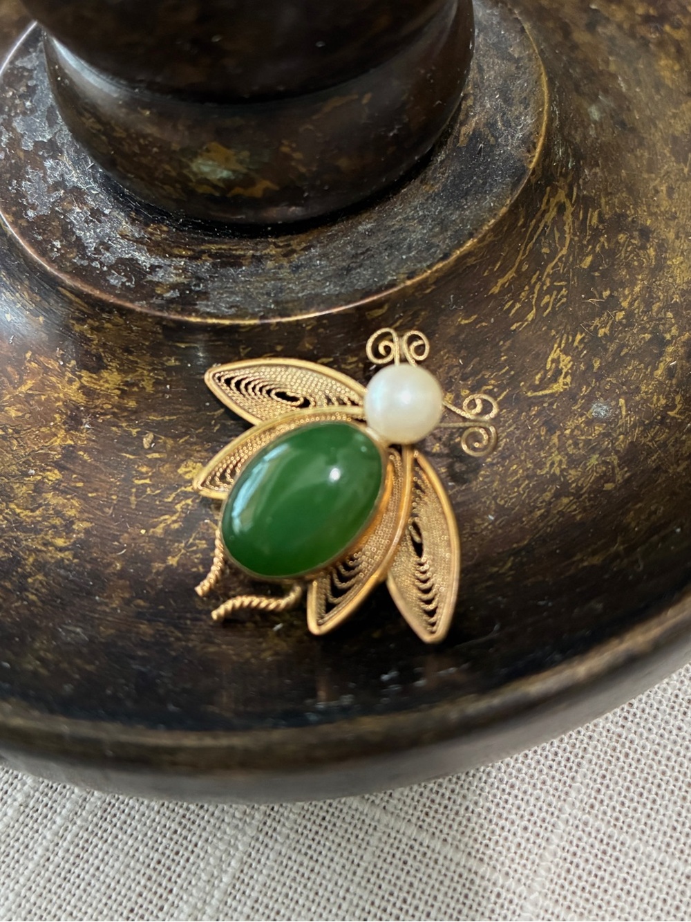 Vintage Bug Signed Brooch with Green Jade and Pearl